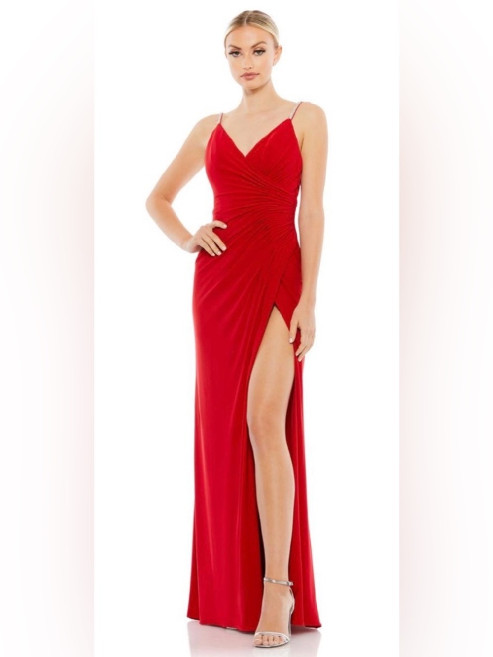 *Flawed Mac Duggal NWT Red Faux Wrap V Neck Open Back Gown